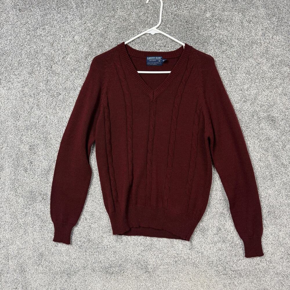 Vintage 80s 90s Career Club Sweater Mens M Maroon V-Neck Cable Knit Preppy Retro